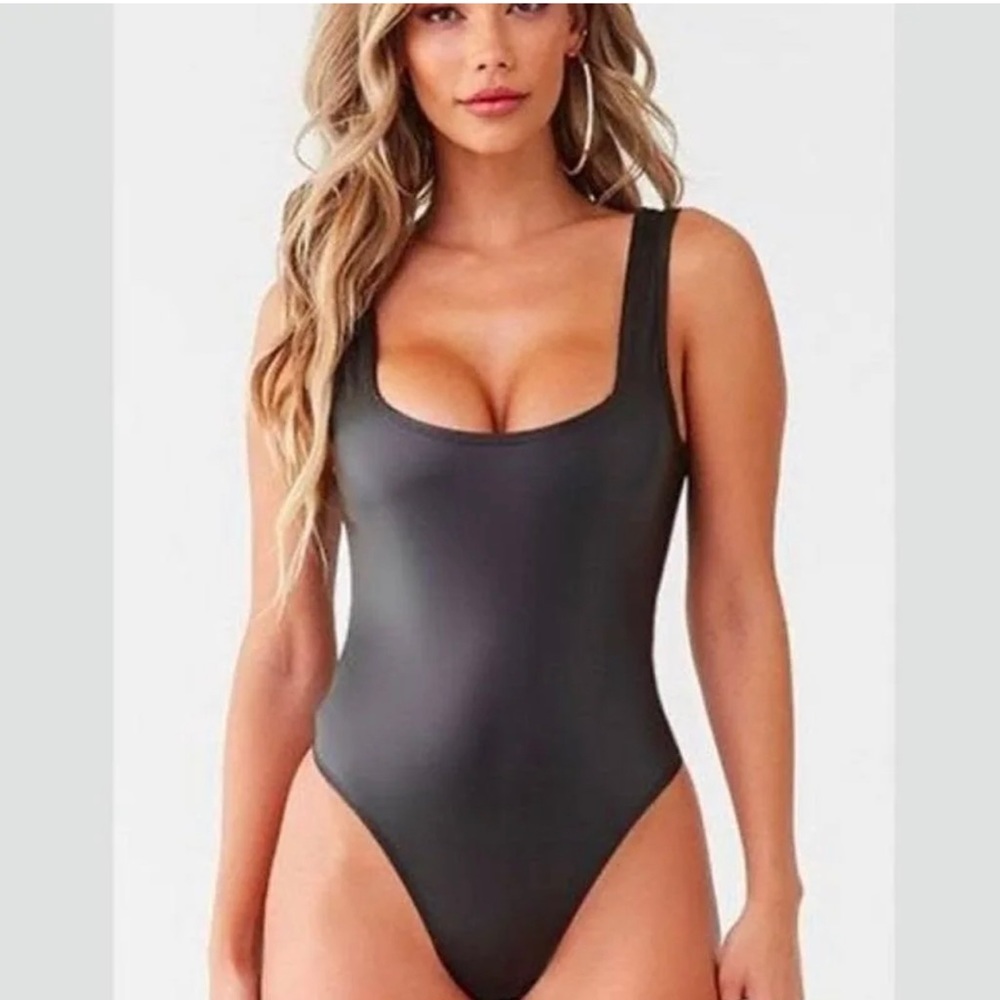 FOREVER 21 Women's Cheeky Faux Leather Bodysuit Tank, cami Color: Black Size: L